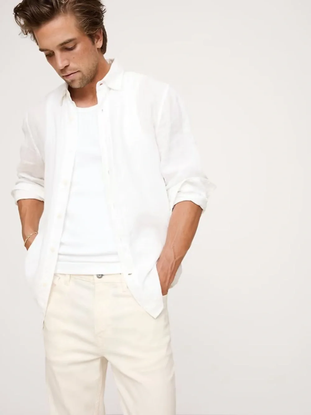 NWT Banana Republic Slim Fit Linen-Cotton Traveler Pant in Off-White - 34W x 32L